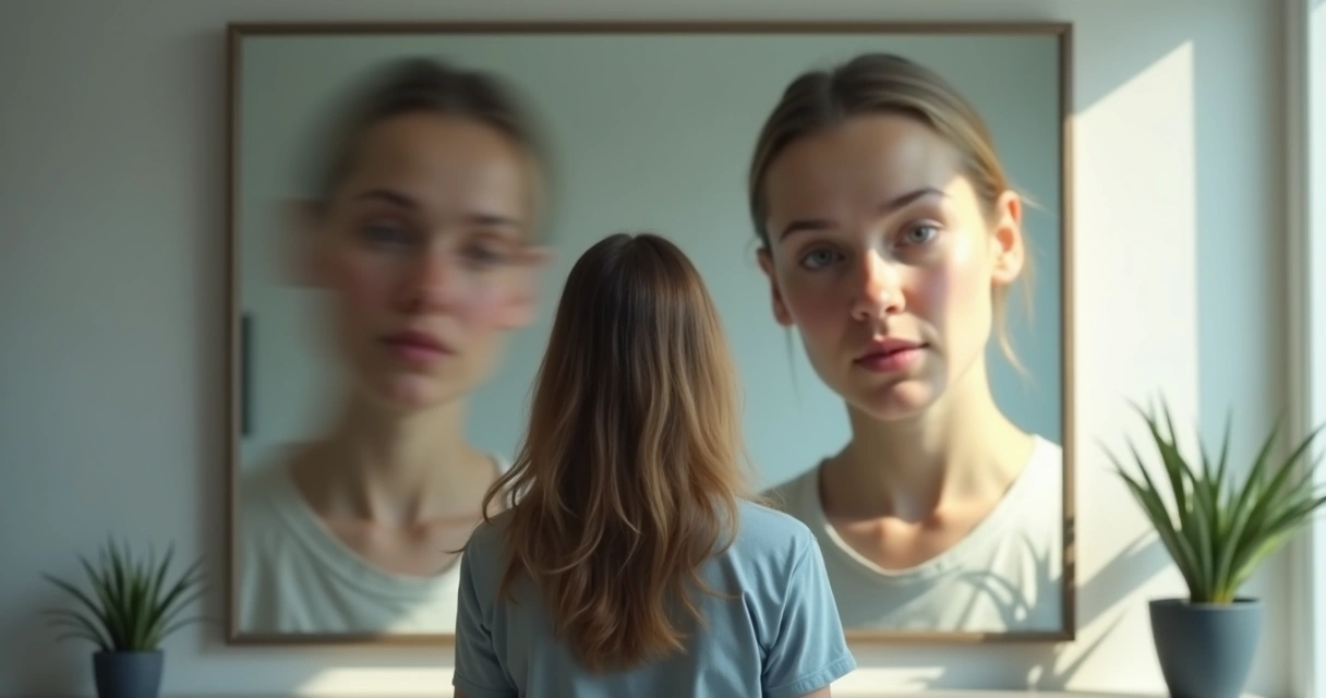 Pessoa olhando o próprio reflexo dividido entre clareza e confusão 