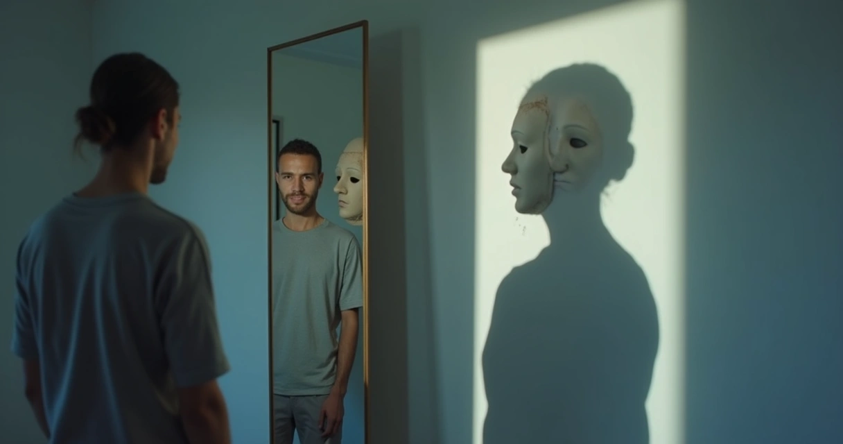 Pessoa diante de espelho com sombra projetando múltiplas máscaras 