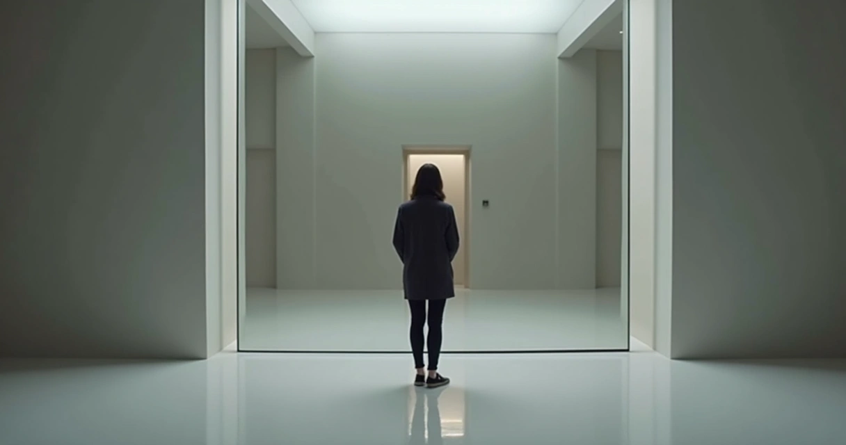 Pessoa olhando para o próprio reflexo em um espelho que distorce a imagem real 