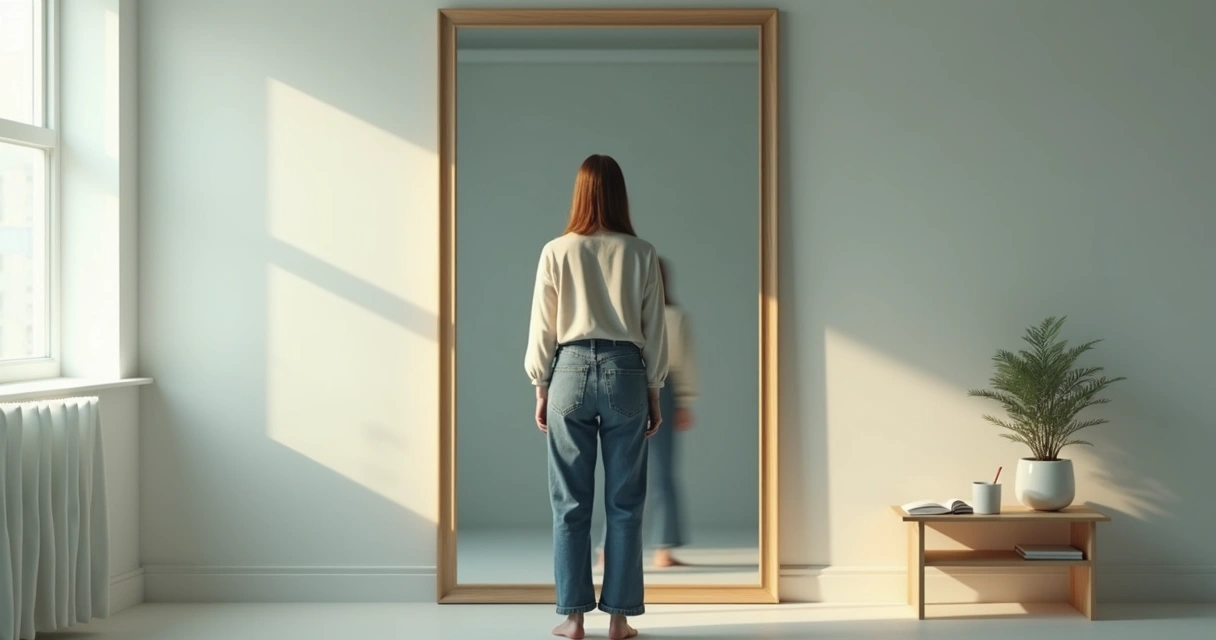 Pessoa diante do espelho vendo duas versões de si mesma em contraste 