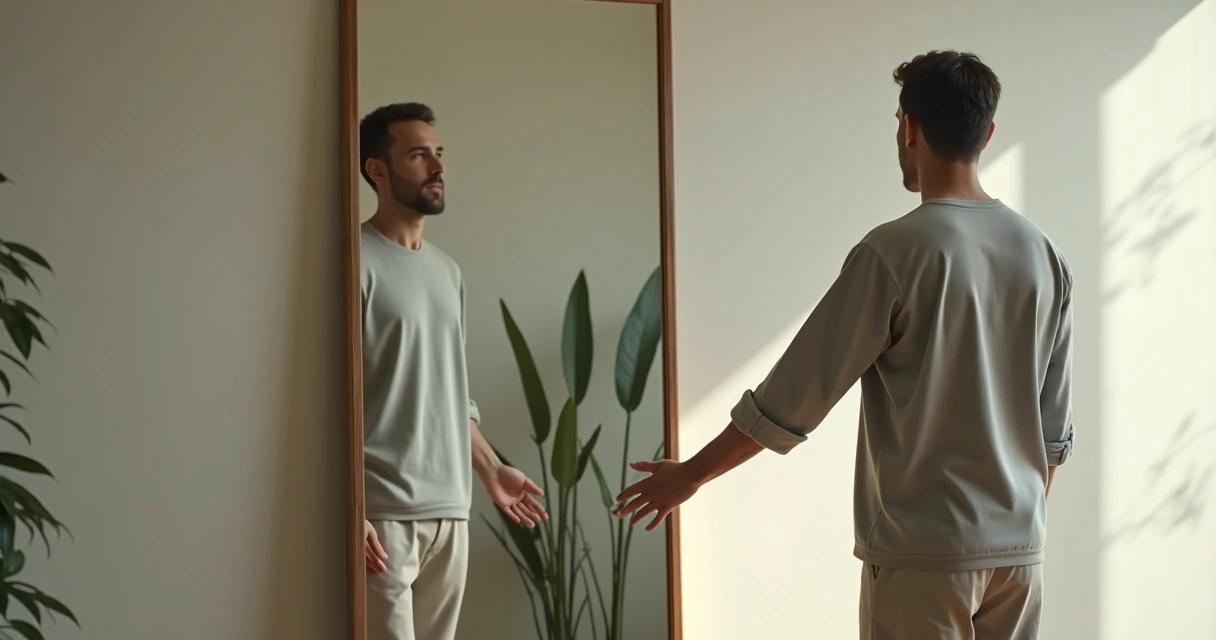Pessoa olhando o próprio reflexo no espelho dividida entre sombra e clareza 