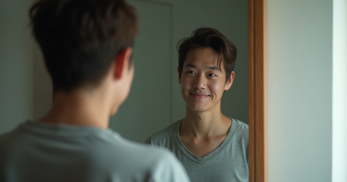 Pessoa olhando espelho com reflexo distorcido, cenário sóbrio 