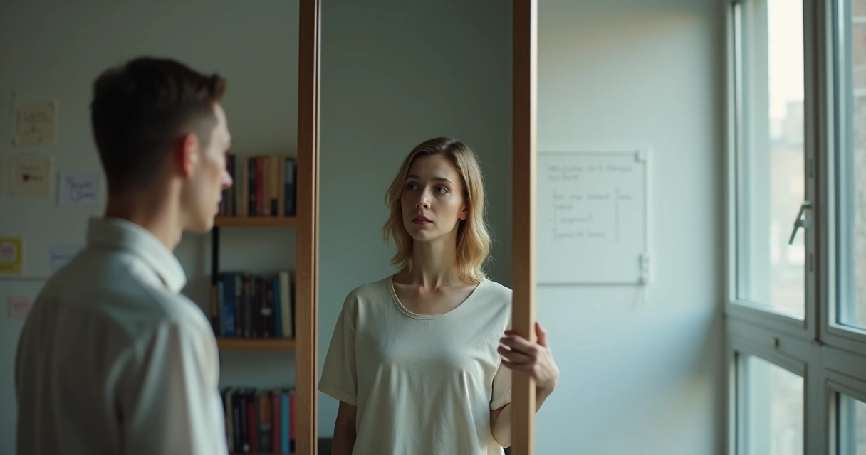 Pessoa olhando para o próprio reflexo distorcido em espelho dividido ao meio 