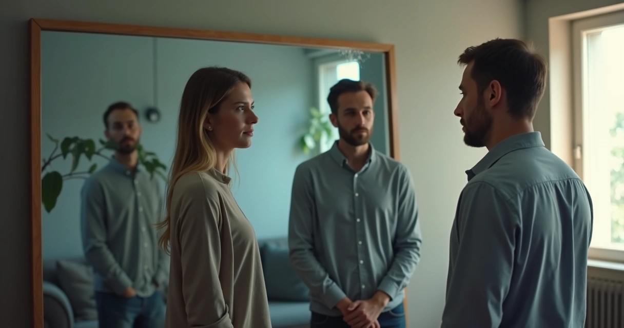 Pessoa diante de espelho rachado com reflexos múltiplos em um ambiente doméstico 