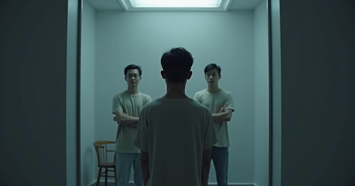 Pessoa diante do espelho com sombra duplicada em ambiente escuro 