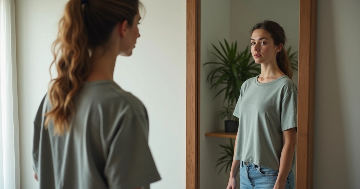 Persona frente a un espejo viendo una versión más clara y auténtica de sí misma 