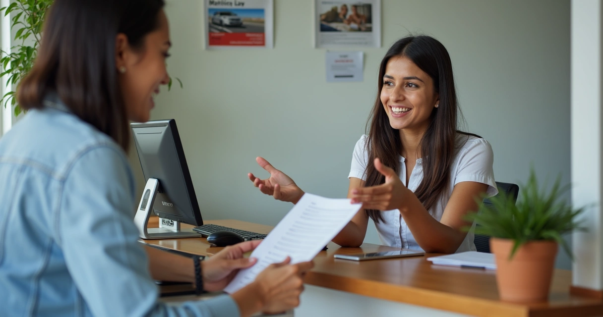 Atendente de autoescola explicando documentos para candidato 