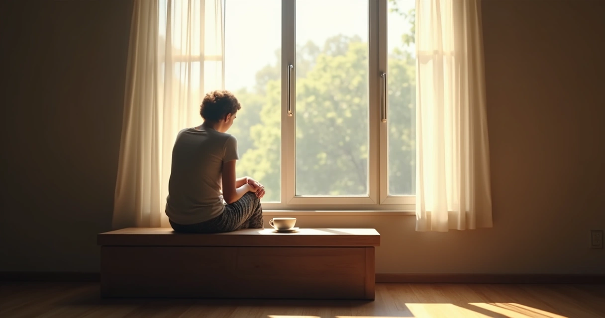 Persona sentada sola reflexionando silenciosamente junto a una ventana 