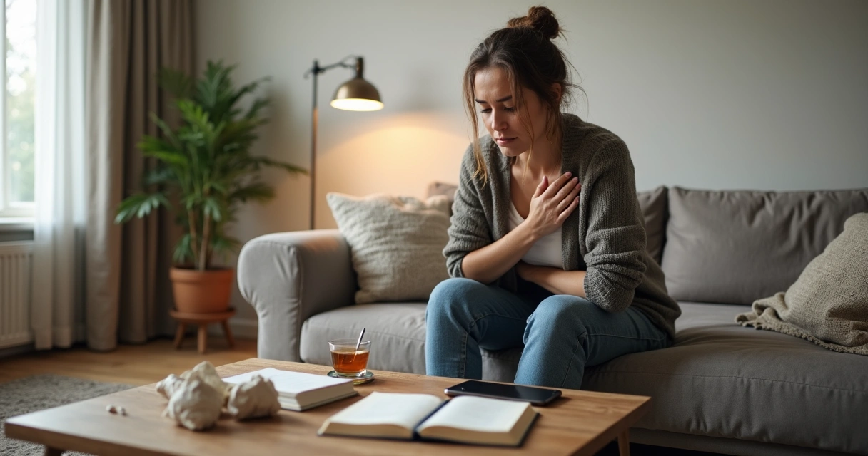 Pessoa sentada no sofá em casa com a mão no peito praticando autoescuta em meio a anotações e xícara de chá 