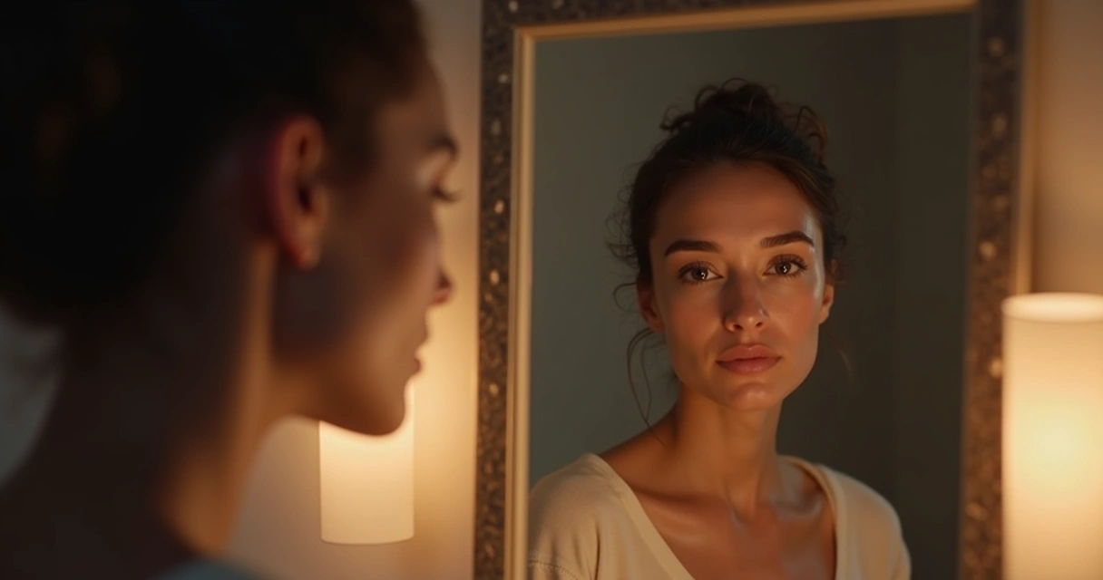 Pessoa olhando para o espelho com expressão de autocompaixão