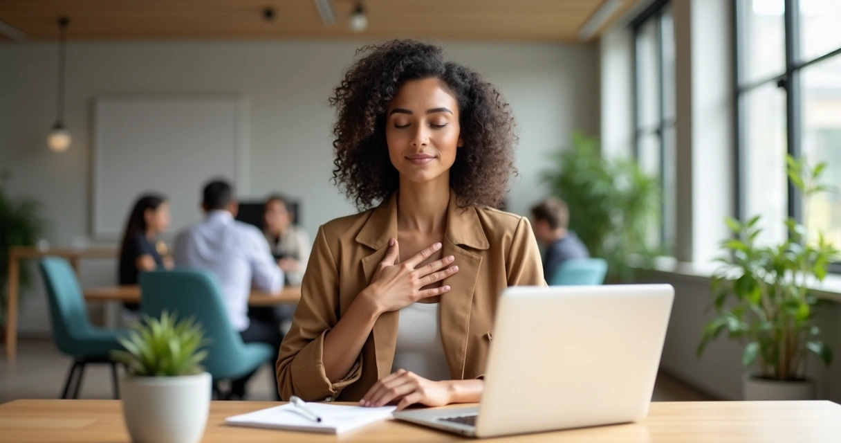 Profissional sentado em mesa de escritório com a mão no peito em pausa de autoescuta emocional 