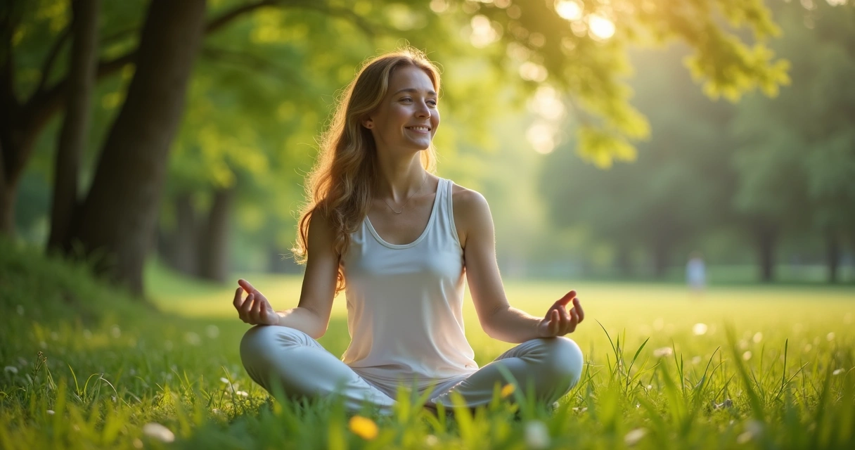 Pessoa sentada em postura meditativa ao ar livre, luz natural suave 