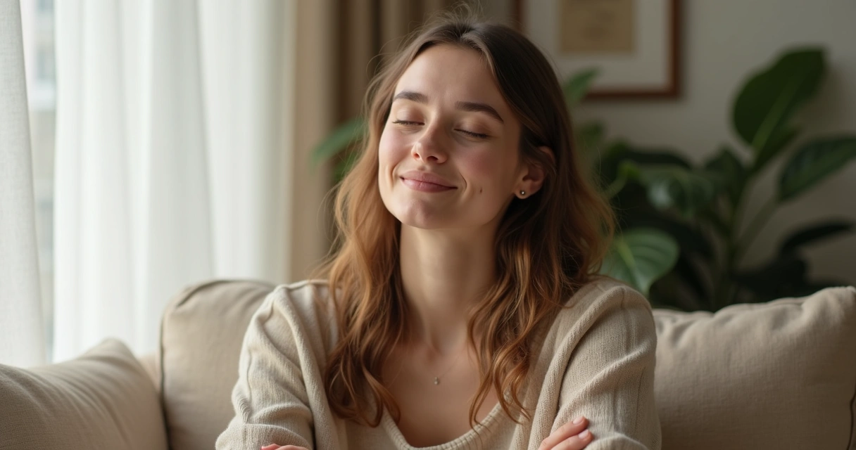 Pessoa sentada com postura serena, olhos fechados, mãos apoiadas no colo, em ambiente claro, transmitindo calma e autoescuta