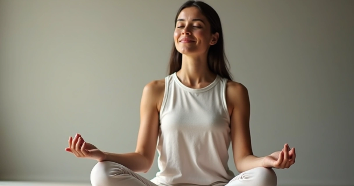 Mulher de olhos fechados refletindo com expressão serena 