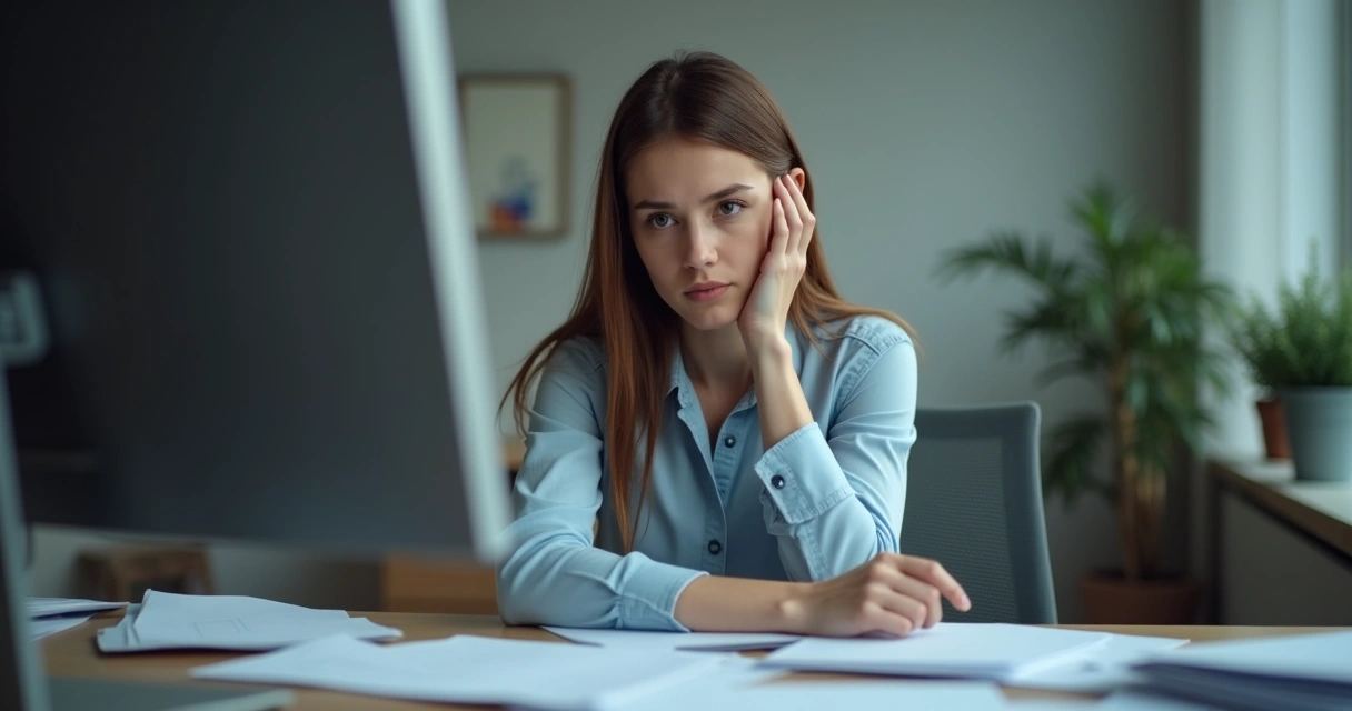 Mulher sentada em mesa de escritório, olhando para baixo com expressão de dúvida, papéis ao redor