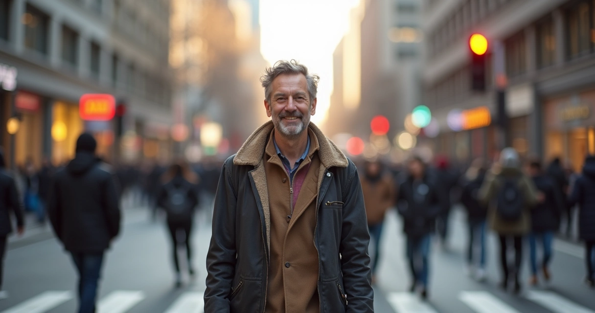 Adulto sorrindo seguro atravessando a rua movimentada
