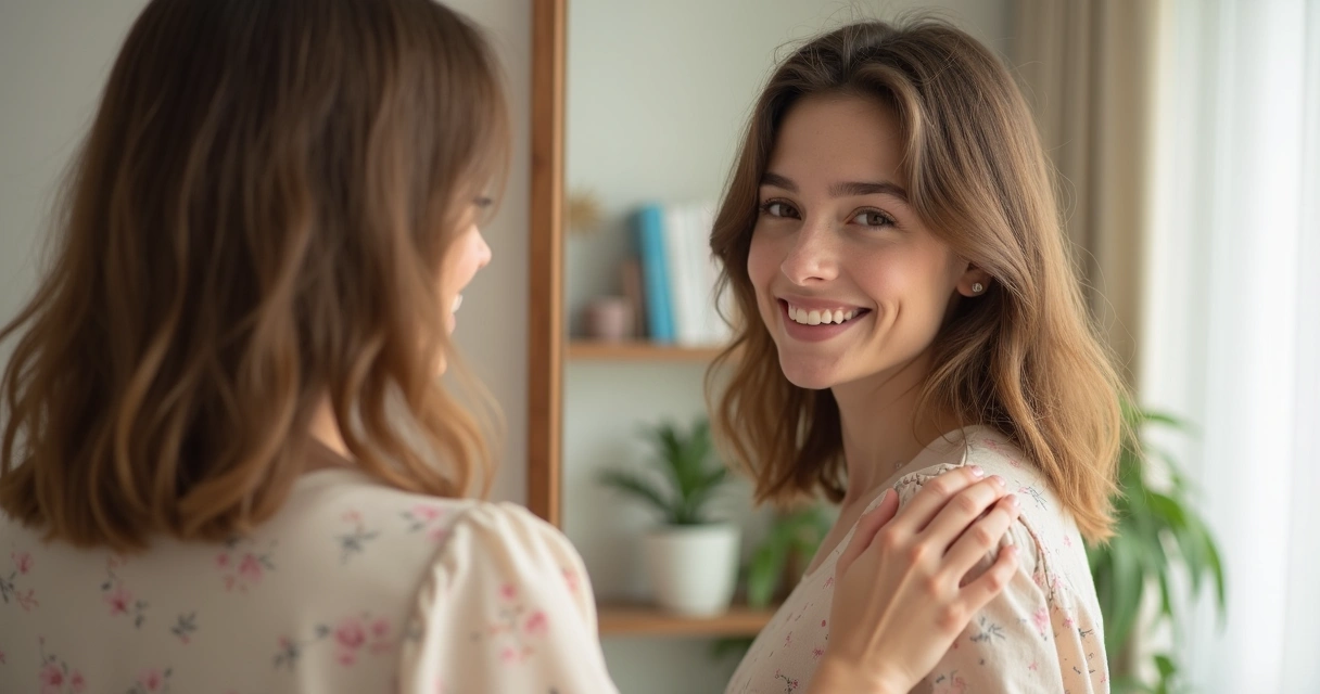 Mulher sorridente se olhando no espelho em ambiente claro e acolhedor 