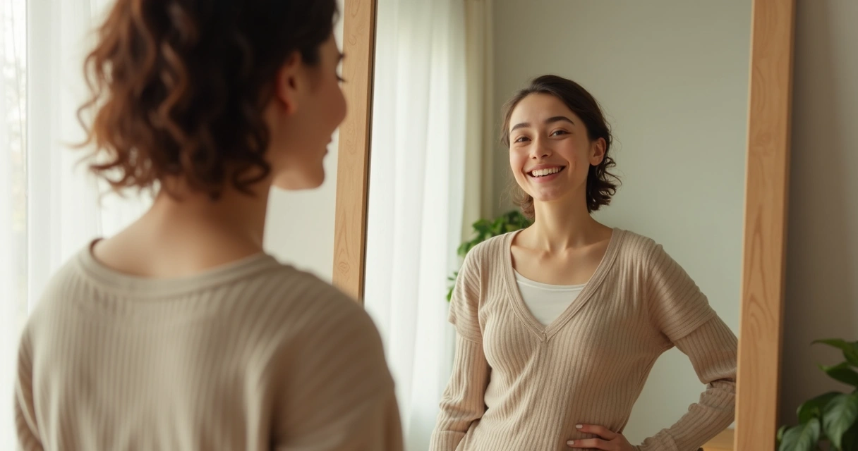 Mulher olhando seu reflexo no espelho com leve sorriso 