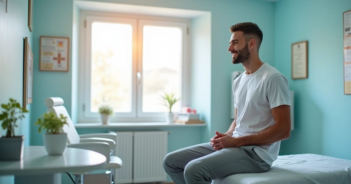 Homem em consultório sorrindo, aparentando autoestima elevada após procedimento peniano