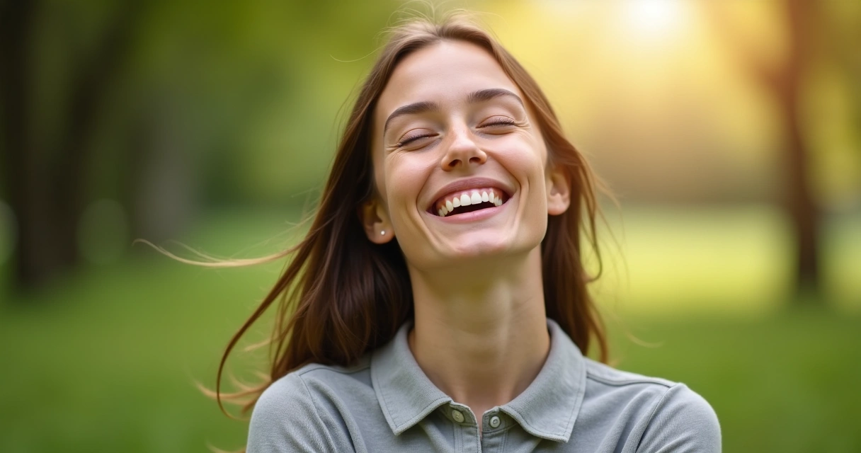 Pessoa sorrindo de olhos fechados, ao ar livre, com luz suave, transmitindo sensação de paz e autenticidade 