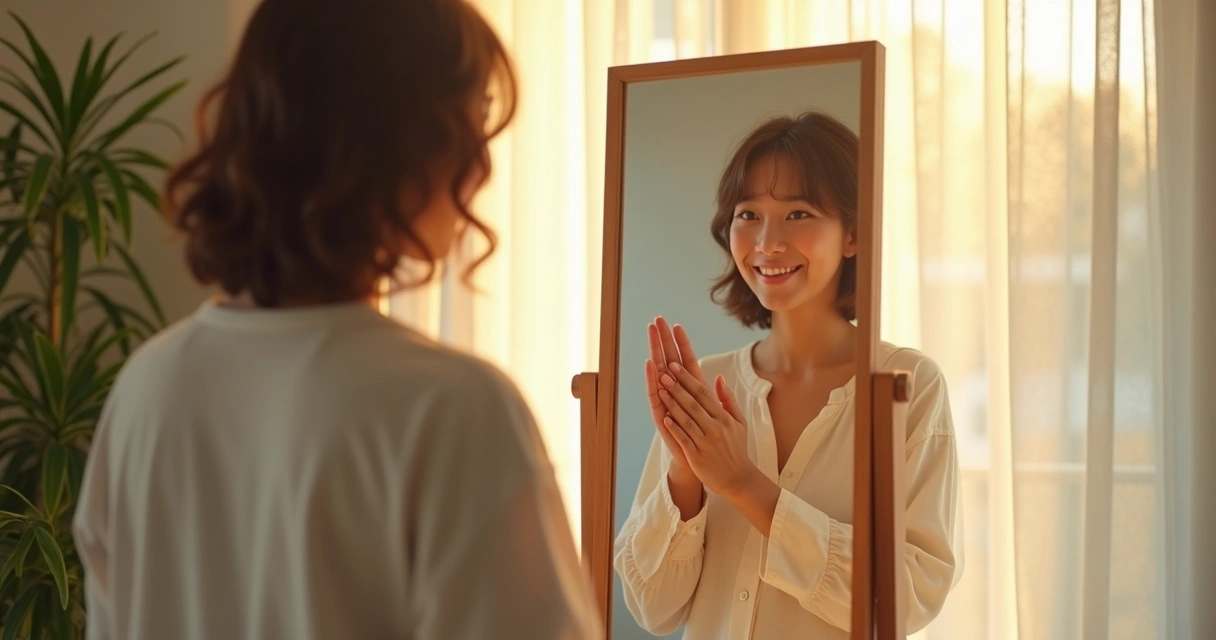 Pessoa olhando para si com carinho em um espelho
