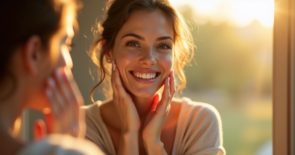 Mulher sorrindo diante do espelho, tocando o próprio rosto com delicadeza 