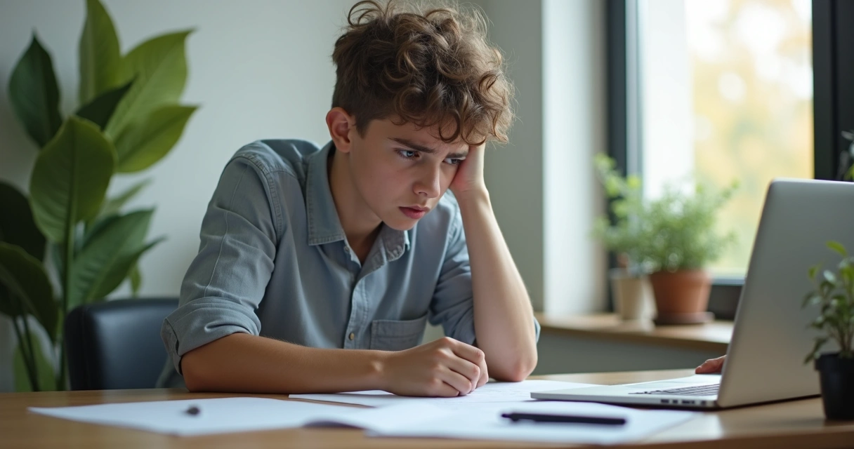 Pessoa olhando para baixo, expressão preocupada, sentada em ambiente de trabalho. 