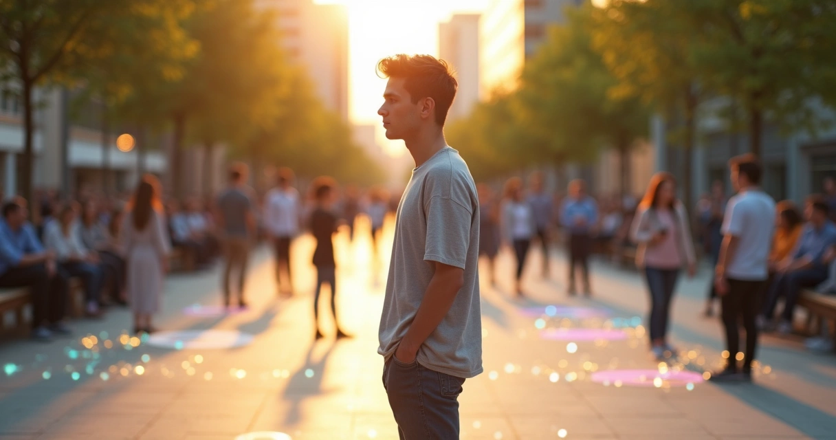 Pessoa em pé no centro de várias silhuetas ao redor representando influência social na autoestima 