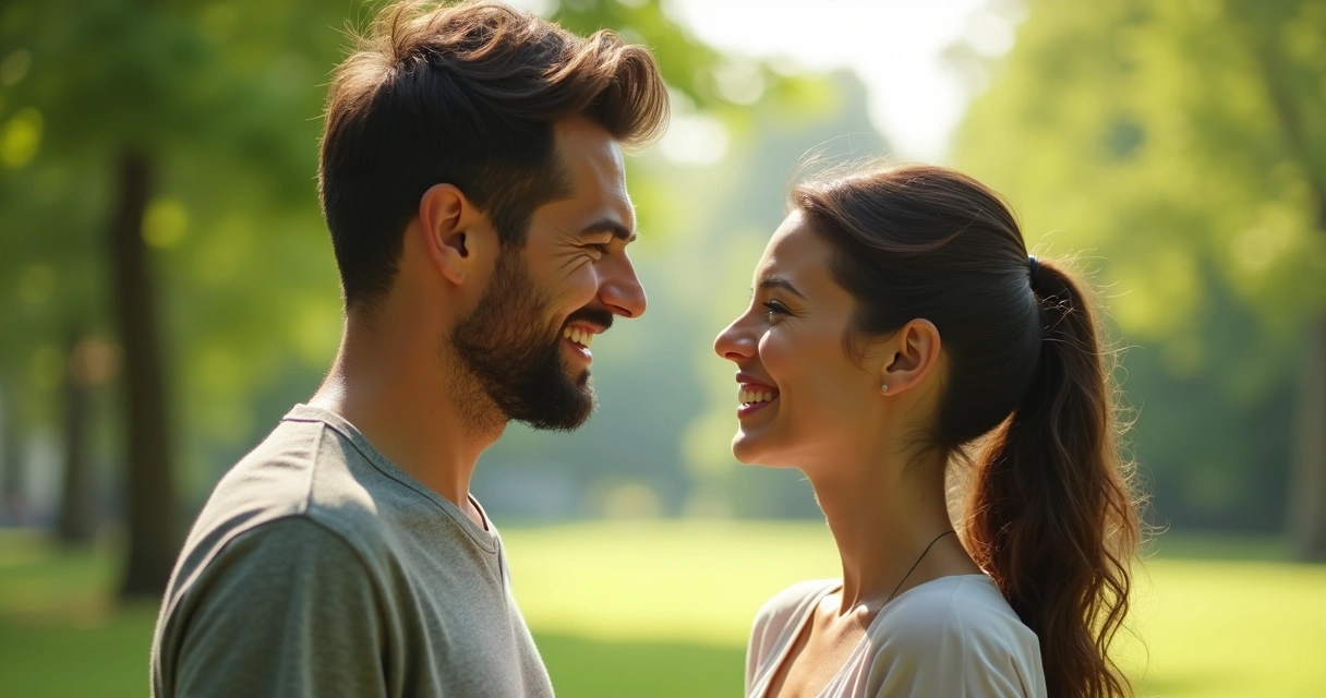 Homem e mulher sorrindo um para o outro em um parque