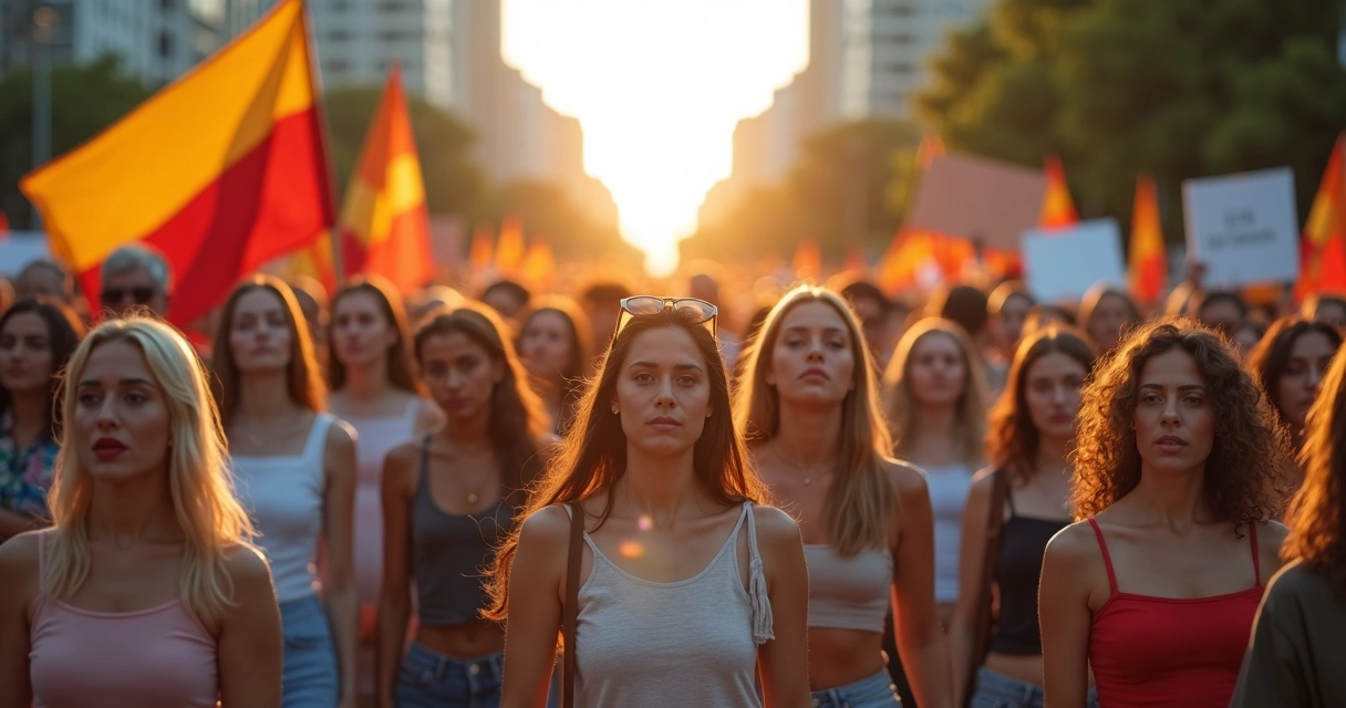 Grupo diverso em manifestação levantando cartazes coloridos em uma cidade 