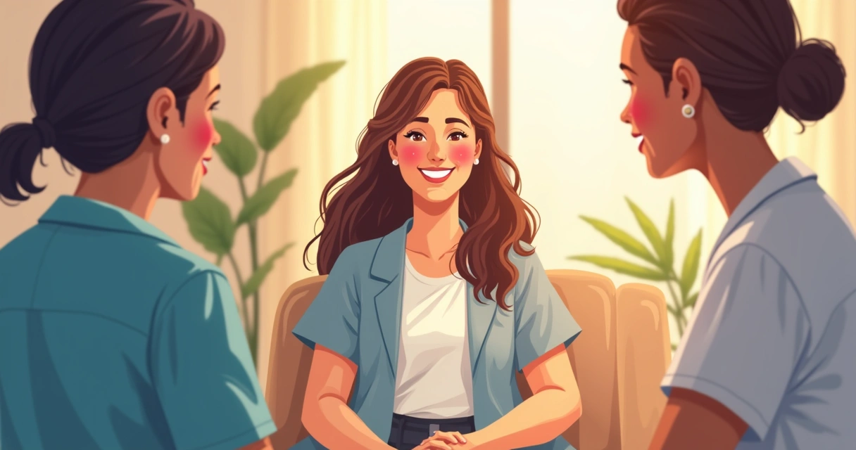 Paciente sorrindo com apoio de grupo de saúde e família 