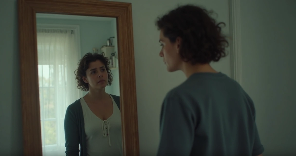 Pessoa olhando para seu próprio reflexo no espelho, demonstrando introspecção e dúvida sobre si mesma.