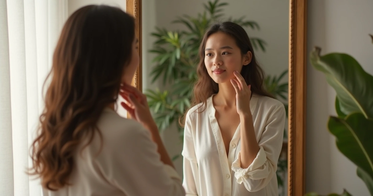 Pessoa olhando para o espelho, tocando a própria mão com leveza e expressão reflexiva 