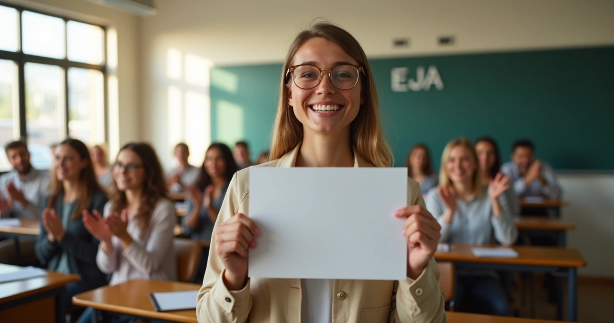 Aluno sorridente ao receber certificado na sala da EJA 
