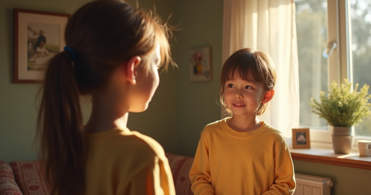 Jovem olhando para o espelho com uma expressão de autoconfiança em um ambiente familiar 