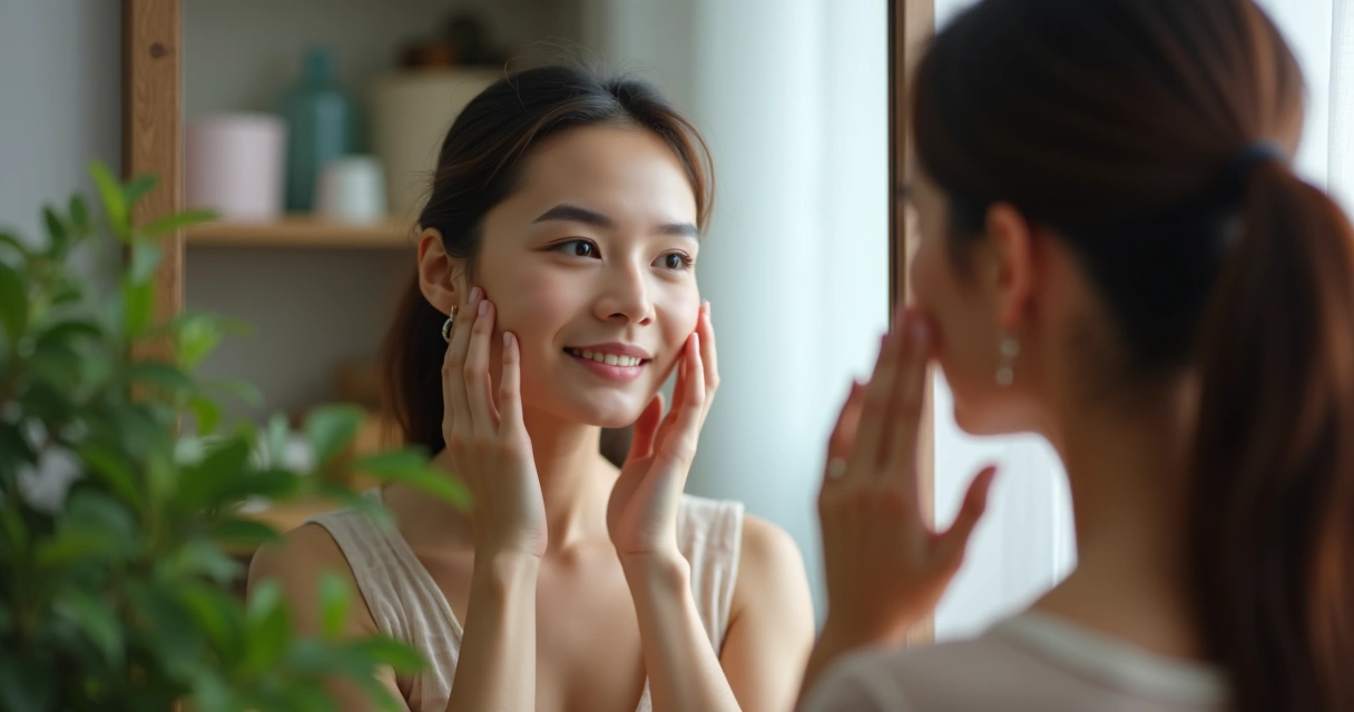 Pessoa olhando para o espelho, expressão serena, representando autoconhecimento e desapego 