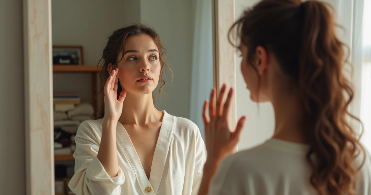 Persona frente a un espejo tocando su reflejo con calma y seguridad