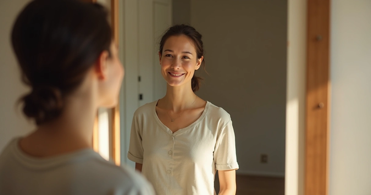 Persona mirándose al espejo sonriendo con expresión serena 