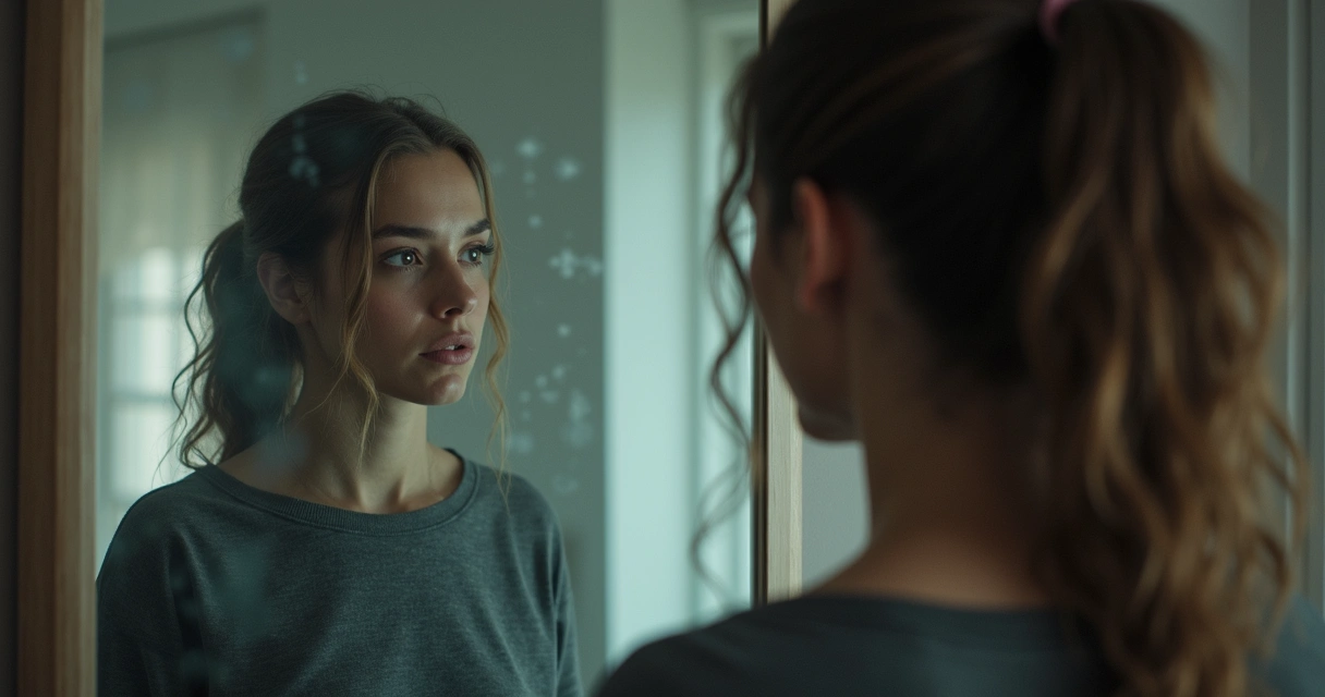 Pessoa olhando para o próprio reflexo em um espelho grande, com expressão de autoconhecimento.