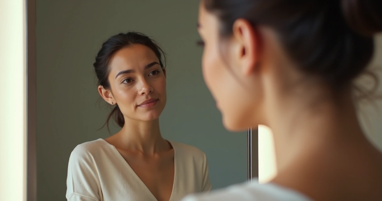 Pessoa olhando seu próprio reflexo no espelho, transmitindo confiança 
