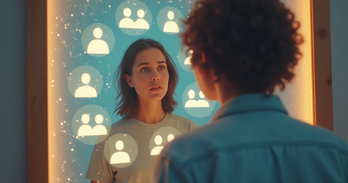 Pessoa se olhando no espelho, refletindo símbolos de grupos sociais como família e amigos.