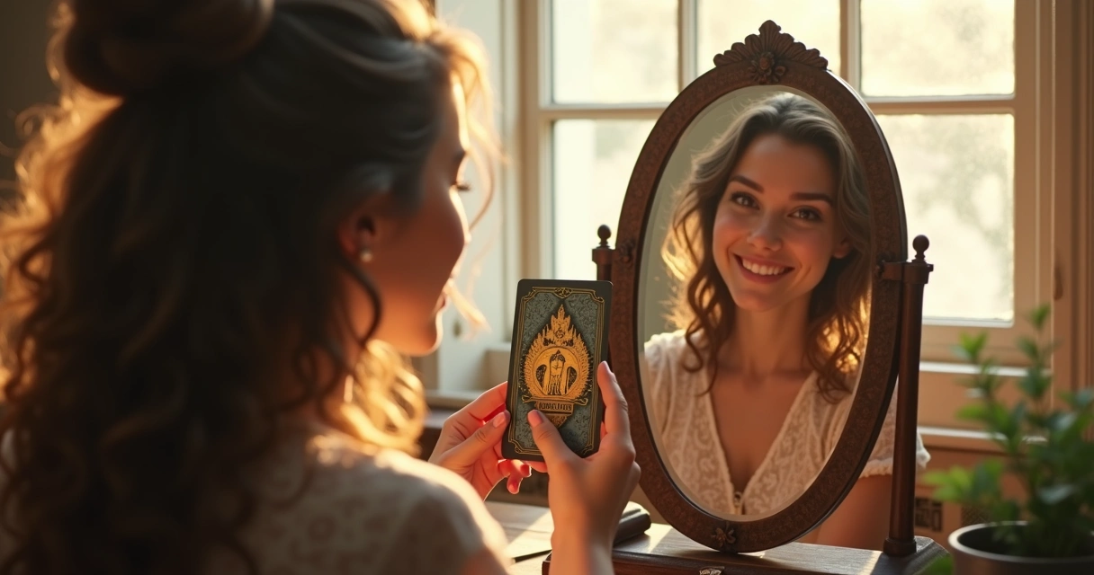 Mulher sorrindo diante de espelho segurando carta de tarot. 