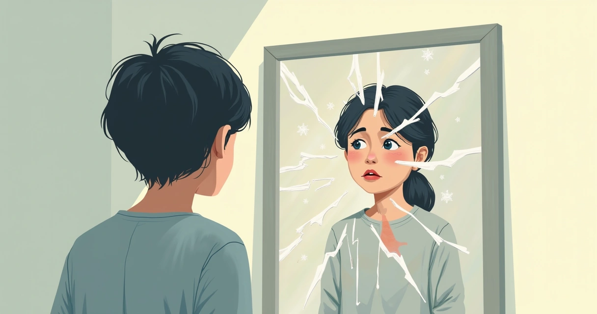 Desenho de uma pessoa diante de um espelho com o reflexo fragmentado. 