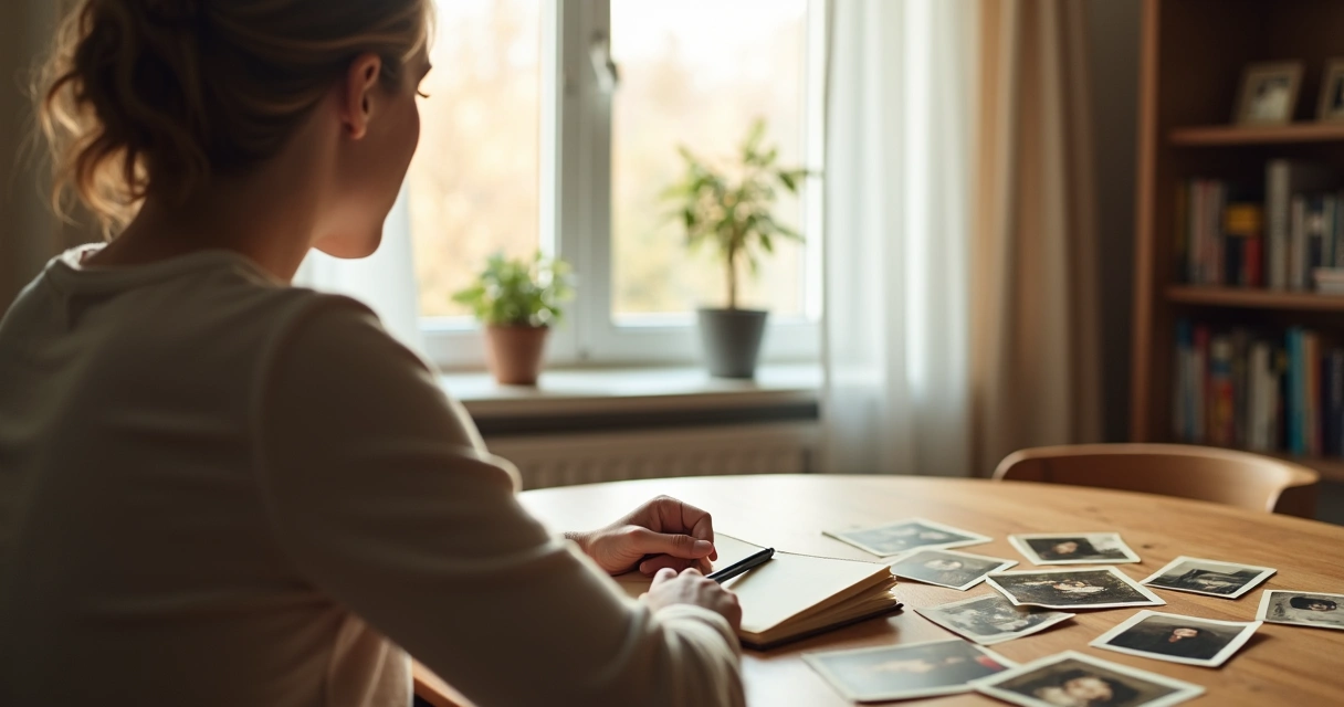 Adulto reflexionando frente a fotos familiares antiguas sobre una mesa de madera 