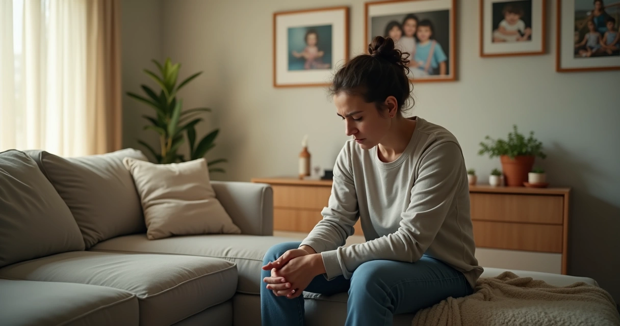 Adulto sentado em sofá refletindo cercado por fotos de infância desfocadas ao fundo 