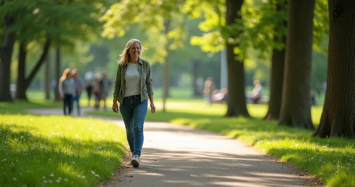 Pessoa sorrindo ao caminhar sozinha em um parque arborizado. 
