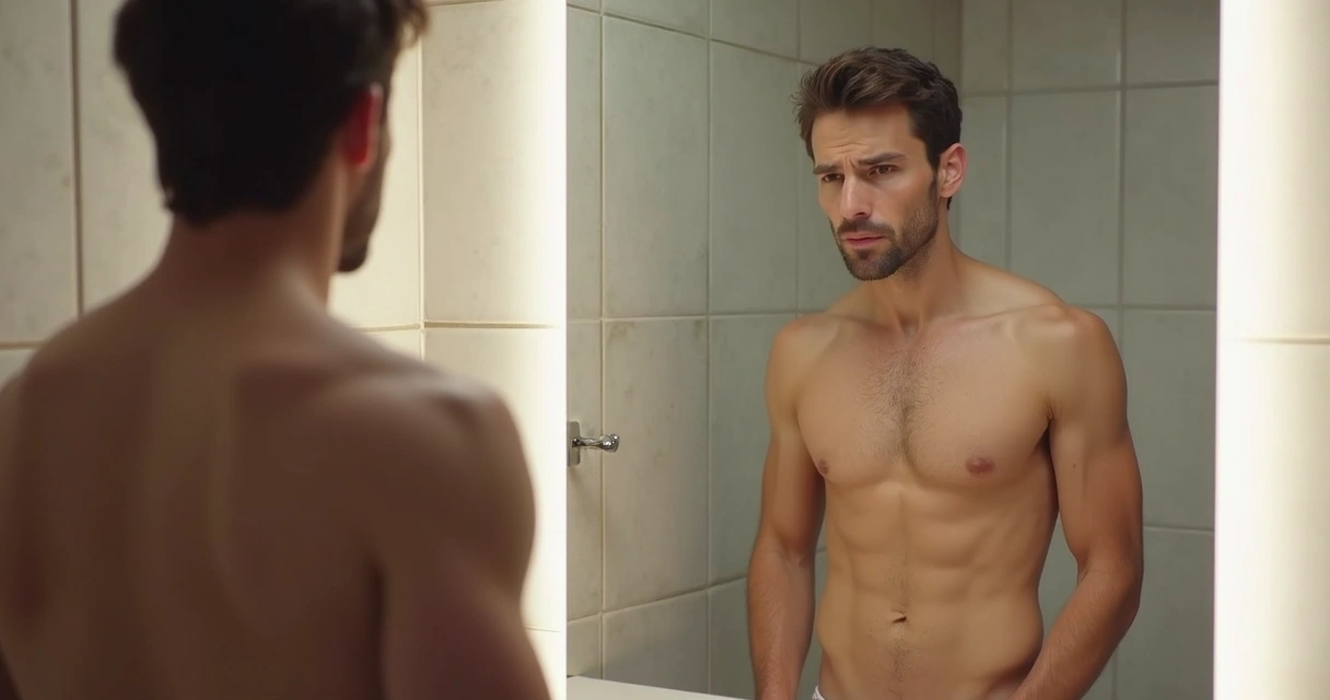 Homem olhando sua imagem no espelho, expressão pensativa