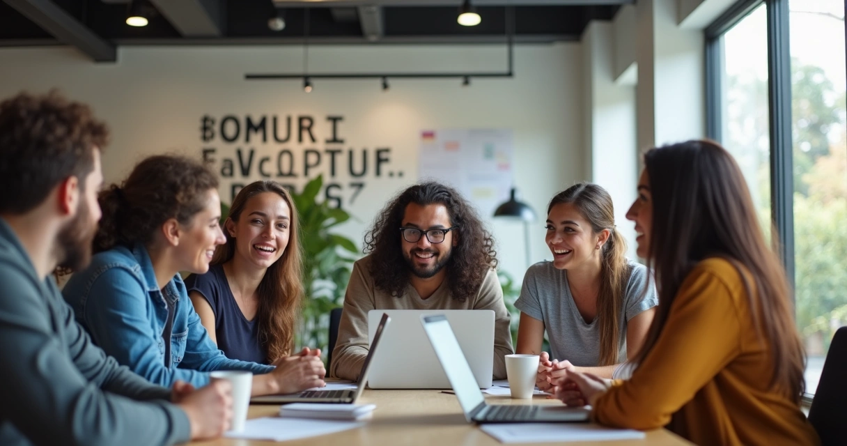 Jóvenes empresarios latinos reunidos en una oficina moderna, conversando y mostrando expresiones mezcladas de alegría y ansiedad