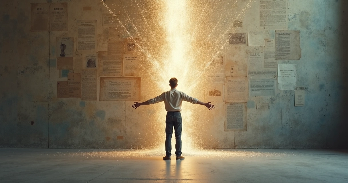 Pessoa em pé diante de mural quebrando correntes de padrões históricos na autoestima 