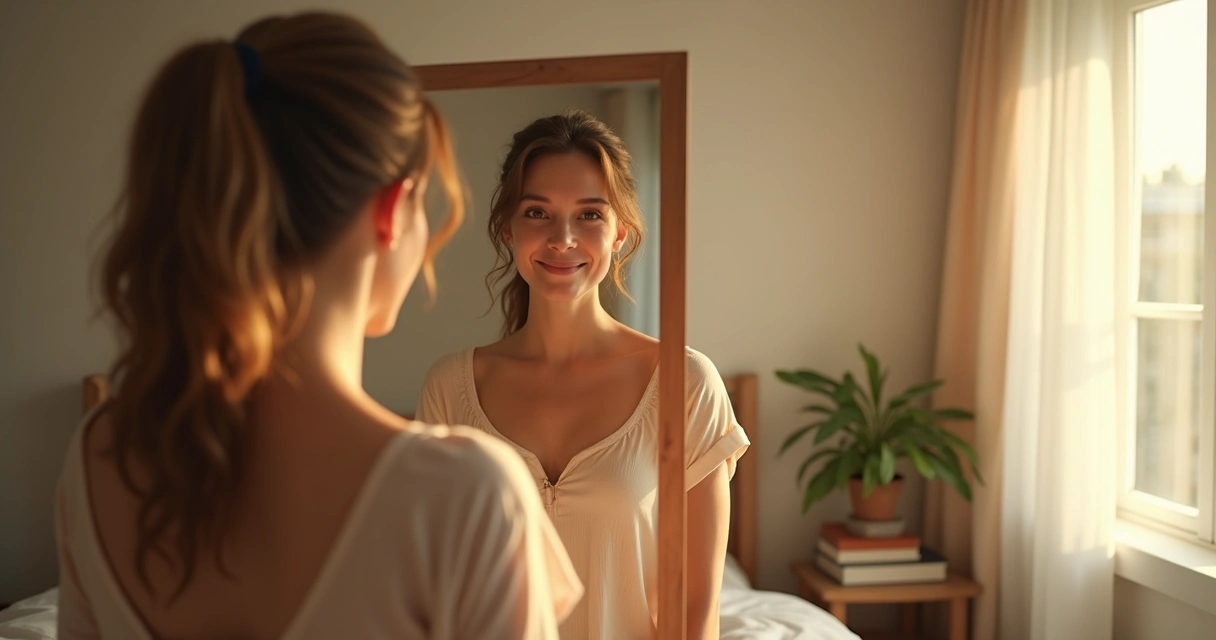 Pessoa olhando para si mesma em um espelho grande, com postura confiante, em um ambiente acolhedor de casa, transmitindo autoconhecimento e segurança. 